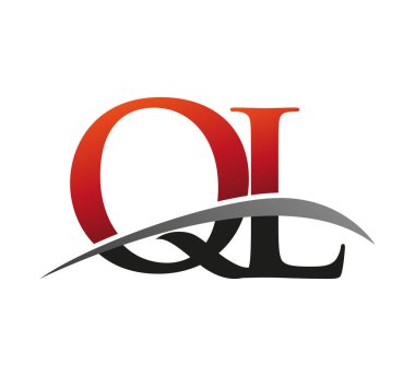 İlk harf QL logotype şirket adı kırmızı ve siyah swoosh tasarımı. Siyah arkaplanda izole.
