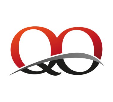 İlk harf QO logotype şirketi. Renkli kırmızı ve siyah Swoosh tasarımı. Siyah arkaplanda izole.