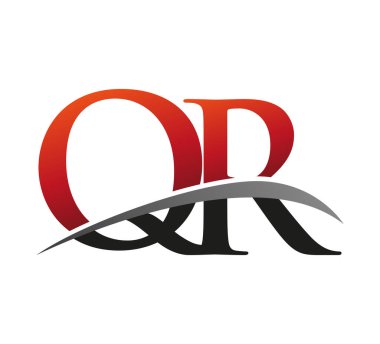 İlk harf QR logotype şirketi. Renkli kırmızı ve siyah Swoosh tasarımı. Siyah arkaplanda izole.