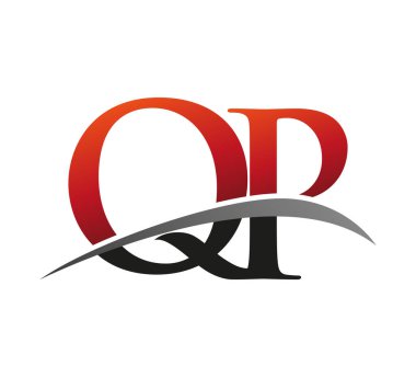 İlk harf QP logotype şirket adı kırmızı ve siyah swoosh tasarımı. Siyah arkaplanda izole.