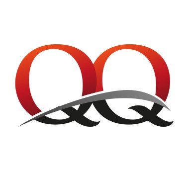 İlk harf QQ logotype şirketi. Renkli kırmızı ve siyah Swoosh tasarımı. Siyah arkaplanda izole.