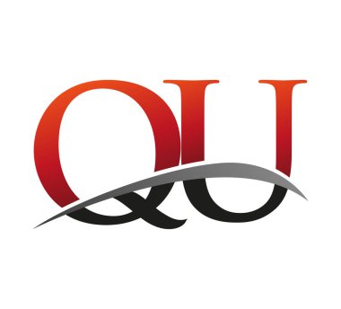 İlk harf QU logotype şirket adı kırmızı ve siyah swoosh tasarımı. Siyah arkaplanda izole.