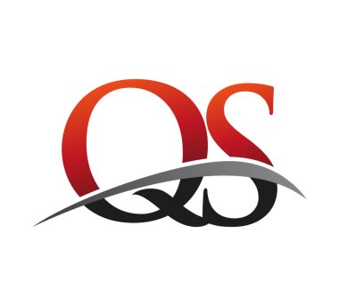 İlk harf QS logotype şirket adı kırmızı ve siyah swoosh tasarımı. Siyah arkaplanda izole.