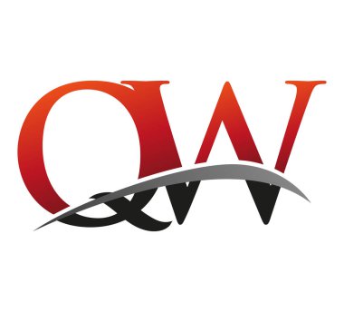 İlk harf QW logotype şirketinin adı: Renkli kırmızı ve siyah Swoosh tasarımı. Siyah arkaplanda izole.