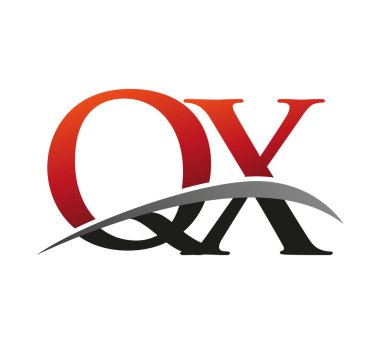 İlk harf QX logotype şirket adı kırmızı ve siyah swoosh tasarımı. Siyah arkaplanda izole.