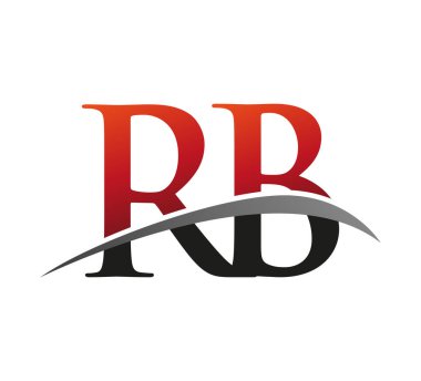 İlk harf RB logotype şirketi adı: Renkli kırmızı ve siyah Swoosh tasarımı. Siyah arkaplanda izole.
