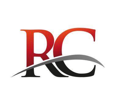 İlk harf RC logotype şirketi. Renkli kırmızı ve siyah Swoosh tasarımı. Siyah arkaplanda izole.