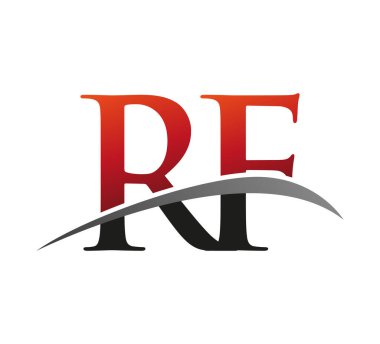 İlk harfi RF logotype şirketi. Renkli kırmızı ve siyah Swoosh tasarımı. Siyah arkaplanda izole.