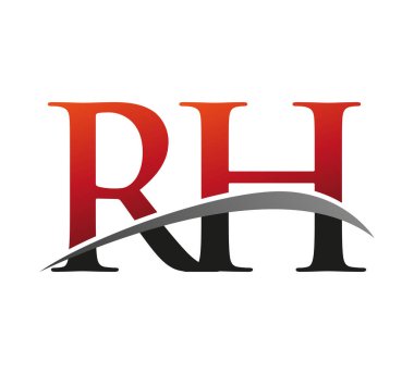 İlk harf RH logotype şirketi. Renkli kırmızı ve siyah Swoosh tasarımı. Siyah arkaplanda izole.