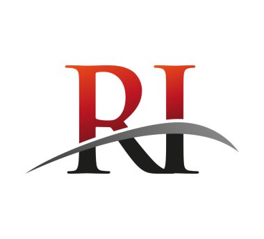 İlk harf RI logotype şirketi. Renkli kırmızı ve siyah Swoosh tasarımı. Siyah arkaplanda izole.