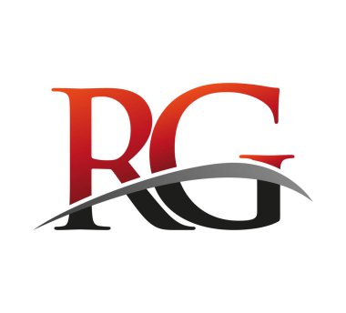 İlk harf RG logotype şirketi. Renkli kırmızı ve siyah Swoosh tasarımı. Siyah arkaplanda izole.