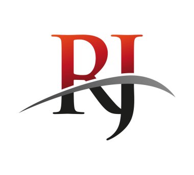 İlk harf RJ logotype şirketi. Renkli kırmızı ve siyah Swoosh tasarımı. Siyah arkaplanda izole.