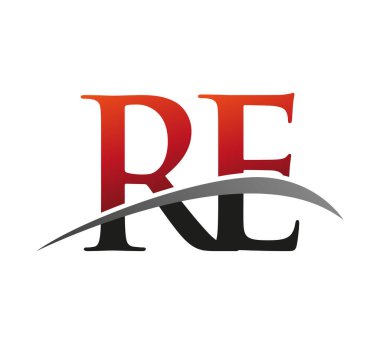 İlk harf RE logotype şirketi adı: Renkli kırmızı ve siyah Swoosh tasarımı. Siyah arkaplanda izole.