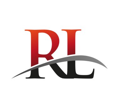 İlk harf RL logotype şirketi adı: Renkli kırmızı ve siyah Swoosh tasarımı. Siyah arkaplanda izole.