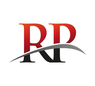 İlk harf RP logotype şirketi adı: Renkli kırmızı ve siyah Swoosh tasarımı. Siyah arkaplanda izole.