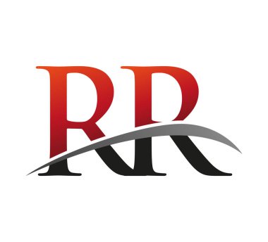 İlk harf RR logotype şirketi adı: Renkli kırmızı ve siyah Swoosh tasarımı. Siyah arkaplanda izole.