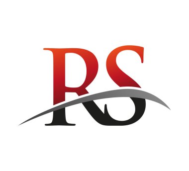 İlk harfi RS logotype şirketi. Renkli kırmızı ve siyah Swoosh tasarımı. Siyah arkaplanda izole.