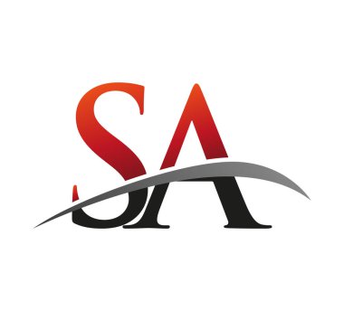 İlk harf SA logotype şirketi adı: Renkli kırmızı ve siyah Swoosh tasarımı. Siyah arkaplanda izole.
