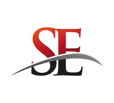 İlk harf SE logotype şirket adı kırmızı ve siyah Swoosh tasarımı. Siyah arkaplanda izole.