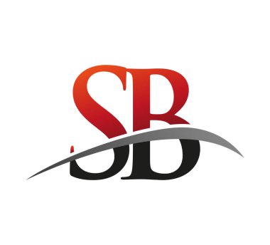 İlk harf SB logotype şirket adı kırmızı ve siyah swoosh tasarımı. Siyah arkaplanda izole.