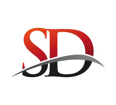 İlk harfi SD logotype şirketi. Renkli kırmızı ve siyah Swoosh tasarımı. Siyah arkaplanda izole.