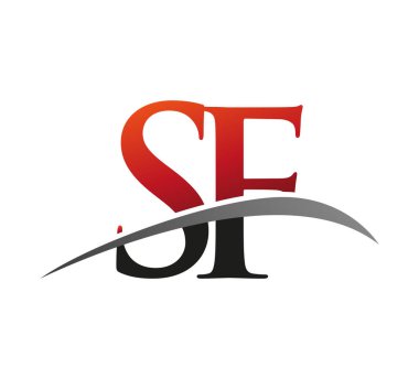 İlk harf SF logotype şirket adı kırmızı ve siyah swoosh tasarımı. Siyah arkaplanda izole.