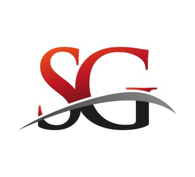 İlk harf SG logotype şirket adı kırmızı ve siyah swoosh tasarımı. Siyah arkaplanda izole.