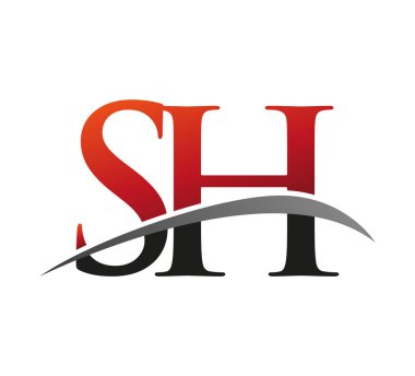 İlk harf SH logotype şirketi adı kırmızı ve siyah swoosh tasarımı. Siyah arkaplanda izole.