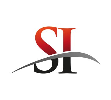 İlk harf SI logotype şirketi adı: Renkli kırmızı ve siyah Swoosh tasarımı. Siyah arkaplanda izole.