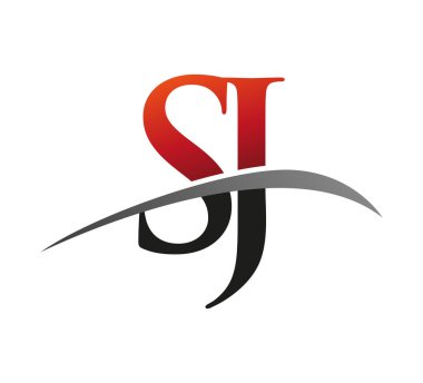 İlk harfi SJ logotype şirketi. Renkli kırmızı ve siyah Swoosh tasarımı. Siyah arkaplanda izole.