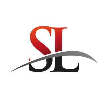 İlk harf SL logotype şirket adı kırmızı ve siyah swoosh tasarımı. Siyah arkaplanda izole.