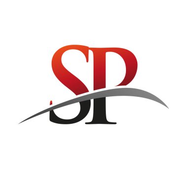 İlk harf SP logotype şirket adı kırmızı ve siyah swoosh tasarımı. Siyah arkaplanda izole.