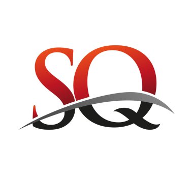 İlk harfi SQ logotype şirketi. Renkli kırmızı ve siyah Swoosh tasarımı. Siyah arkaplanda izole.