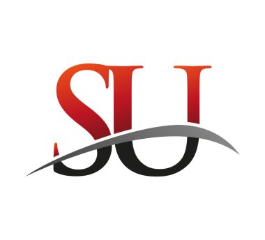 İlk harf SU logotype şirket adı kırmızı ve siyah swoosh tasarımı. Siyah arkaplanda izole.