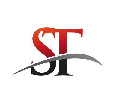 İlk harf ST logotype şirketi adı kırmızı ve siyah Swoosh tasarımı. Siyah arkaplanda izole.