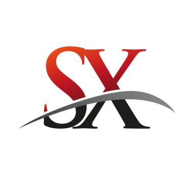 İlk harfi SX logotype şirketi. Renkli kırmızı ve siyah Swoosh tasarımı. Siyah arkaplanda izole.