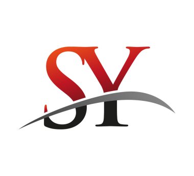 İlk harf SY logotype şirket adı kırmızı ve siyah swoosh tasarımı. Siyah arkaplanda izole.