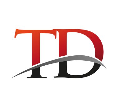 İlk harf TD logotype şirketi adı: Renkli kırmızı ve siyah Swoosh tasarımı. Siyah arkaplanda izole.