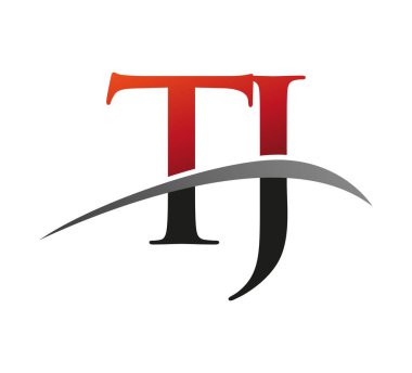 İlk harf TJ logotype şirketi adı: Renkli kırmızı ve siyah Swoosh tasarımı. Siyah arkaplanda izole.