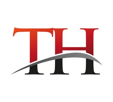 İlk harf TH logotype şirketinin adı kırmızı ve siyah Swoosh tasarımı. Siyah arkaplanda izole.