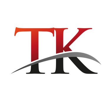 İlk harf TK logotype şirketi adı kırmızı ve siyah Swoosh tasarımı. Siyah arkaplanda izole.
