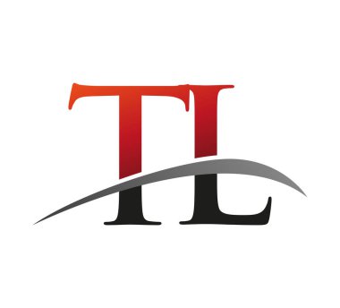İlk harf TL logotype şirketi adı kırmızı ve siyah Swoosh tasarımı. Siyah arkaplanda izole.