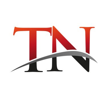 İlk harfi TN logotype şirketi. Renkli kırmızı ve siyah Swoosh tasarımı. Siyah arkaplanda izole.
