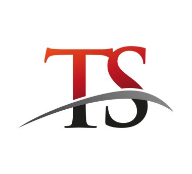 İlk harf TS logotype şirketi adı: Renkli kırmızı ve siyah Swoosh tasarımı. Siyah arkaplanda izole.