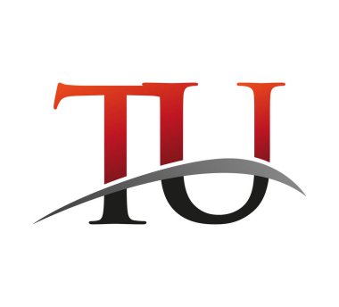 İlk harfi TU logotype şirketi. Renkli kırmızı ve siyah desenli. Siyah arkaplanda izole.