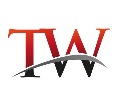 İlk harfi TW logotype şirketi. Renkli kırmızı ve siyah desenli. Siyah arkaplanda izole.