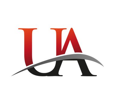 İlk harfi UA logotype şirketi. Renkli kırmızı ve siyah Swoosh tasarımı. Siyah arkaplanda izole.