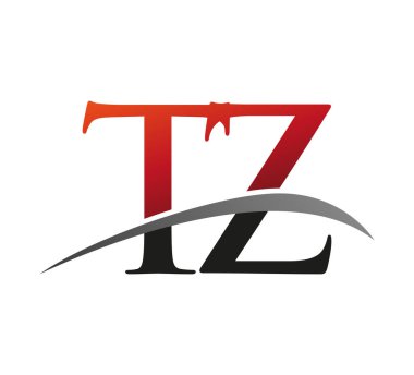İlk harf TZ logotype şirketi. Renkli kırmızı ve siyah Swoosh tasarımı. Siyah arkaplanda izole.