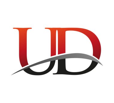 İlk harf UD logotype şirketi adı kırmızı ve siyah Swoosh tasarımı. Siyah arkaplanda izole.