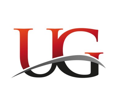 İlk harfi UG logotype şirketi. Renkli kırmızı ve siyah Swoosh tasarımı. Siyah arkaplanda izole.